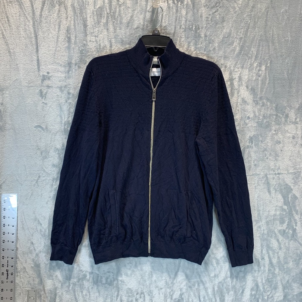 Devred 1902 Mens Cardigan Sweater L Full Zip Navy Blue Knit Textured Long Sleeve